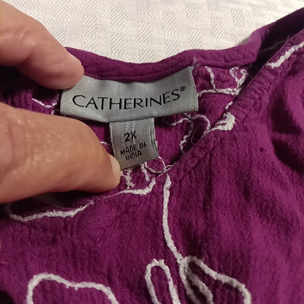 Catherines 2X Purple Floral Embroidered Blouse Keyhole Neck 3/4 Sleeve Boho Top - Picture 4 of 8